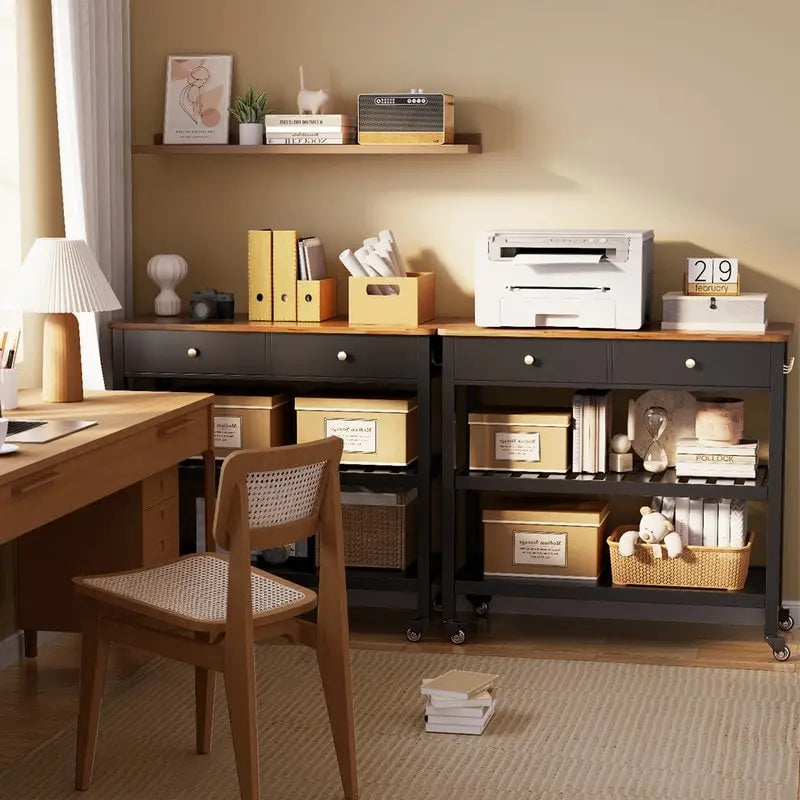 Kitchen Island Cart, Rolling Trolley Utility Cart on Wheels with 2 Drawers and 2 Open Tiers Storage Shelves