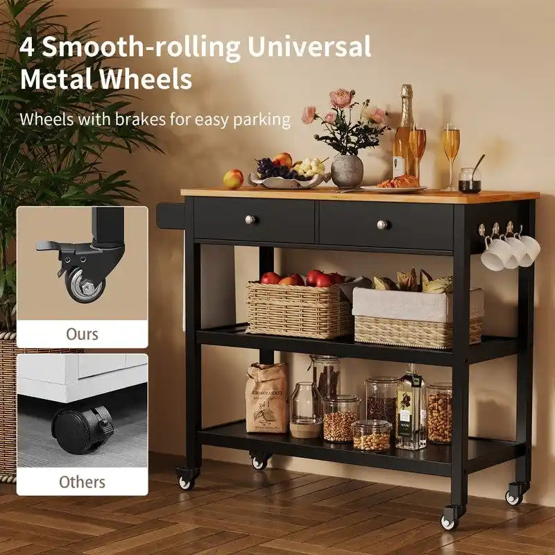 Kitchen Island Cart, Rolling Trolley Utility Cart on Wheels with 2 Drawers and 2 Open Tiers Storage Shelves