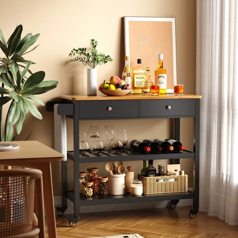 Kitchen Island Cart, Rolling Trolley Utility Cart on Wheels with 2 Drawers and 2 Open Tiers Storage Shelves