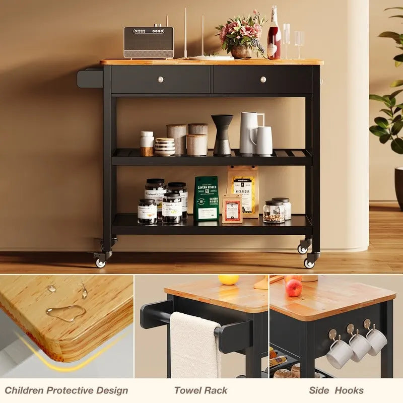 Kitchen Island Cart, Rolling Trolley Utility Cart on Wheels with 2 Drawers and 2 Open Tiers Storage Shelves