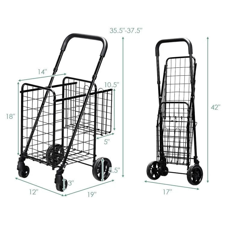 Folding Shopping Basket Rolling Trolley with Adjustable Handle