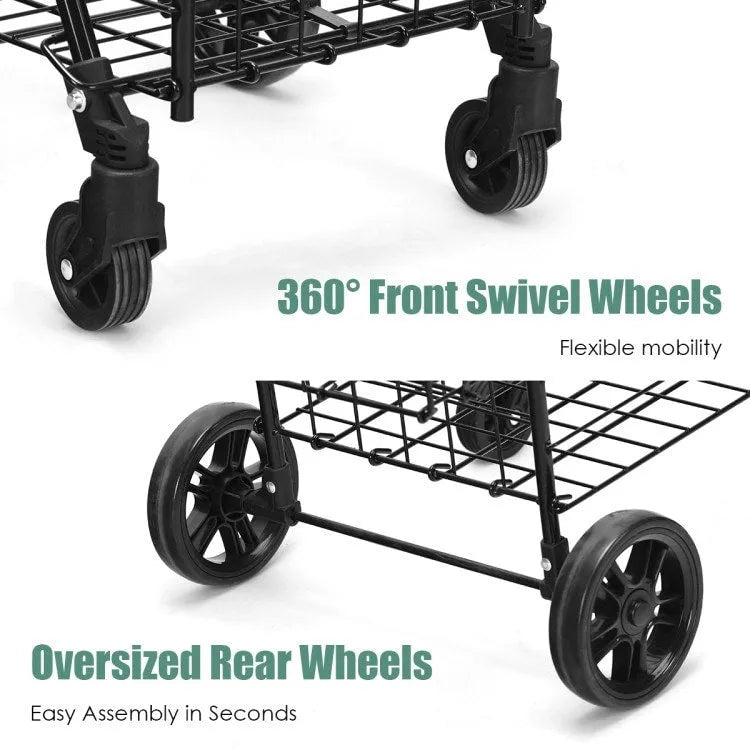 Folding Shopping Basket Rolling Trolley with Adjustable Handle