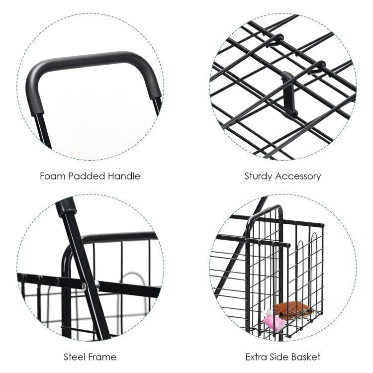 Folding Shopping Basket Rolling Trolley with Adjustable Handle