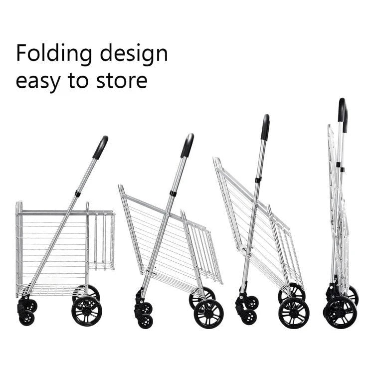 Folding Shopping Basket Rolling Trolley with Adjustable Handle