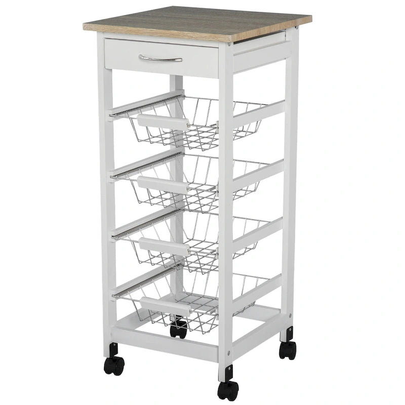 HOMCOM 32.25 Wooden Rolling Kitchen Storage Cart on 360-deg Swivel Wheels with Ample Storage Space & Solid Structure