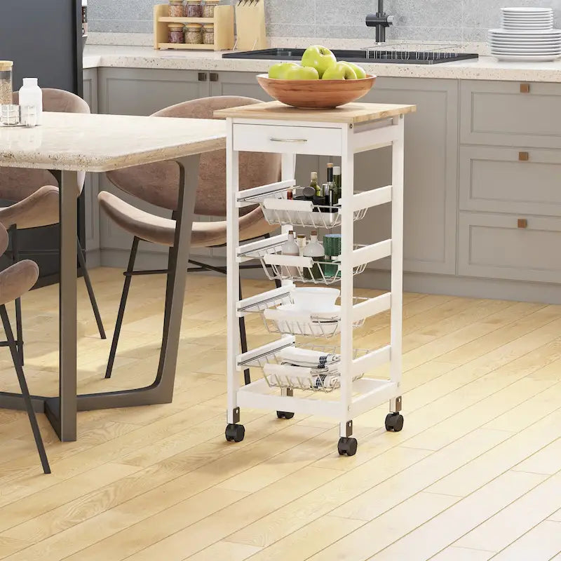HOMCOM 32.25 Wooden Rolling Kitchen Storage Cart on 360-deg Swivel Wheels with Ample Storage Space & Solid Structure