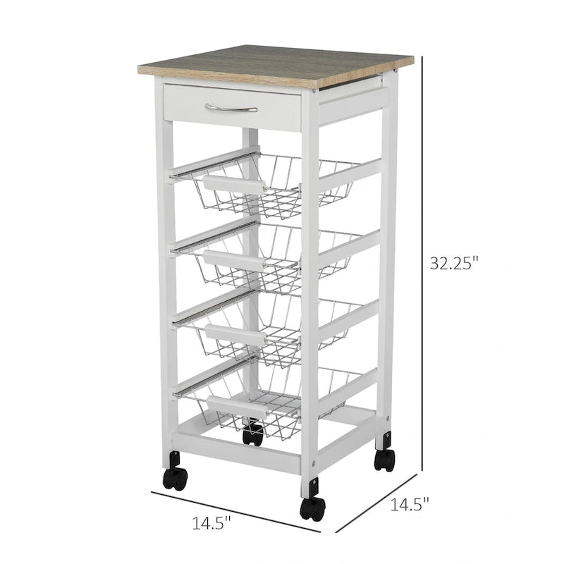 HOMCOM 32.25 Wooden Rolling Kitchen Storage Cart on 360-deg Swivel Wheels with Ample Storage Space & Solid Structure
