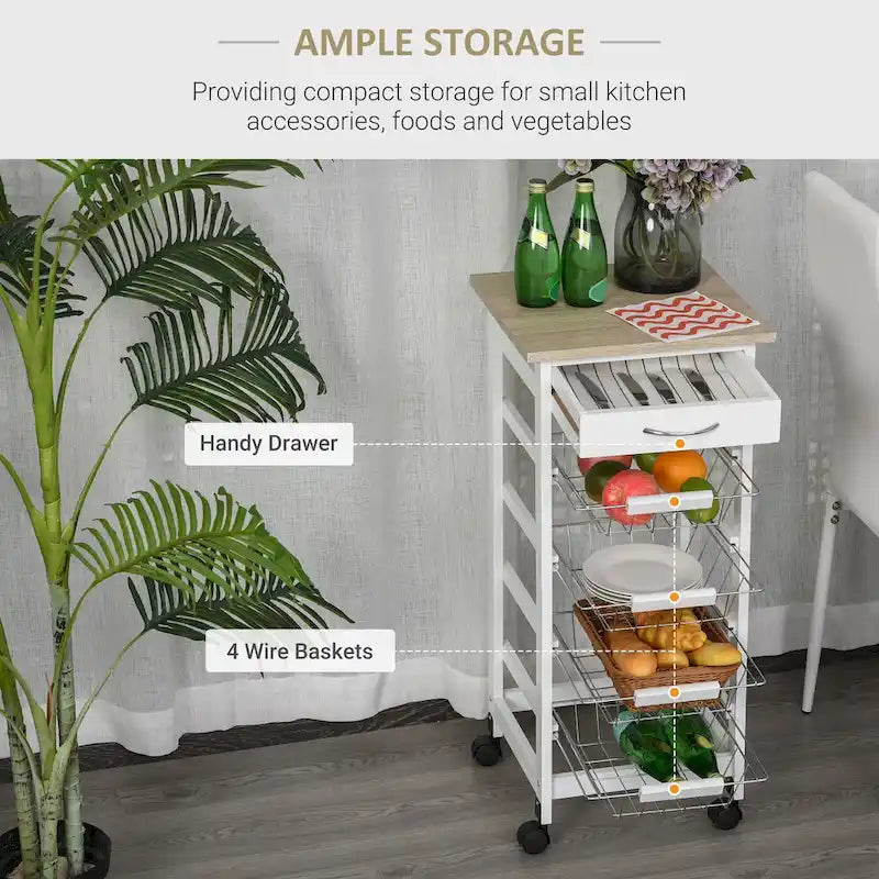 HOMCOM 32.25 Wooden Rolling Kitchen Storage Cart on 360-deg Swivel Wheels with Ample Storage Space & Solid Structure