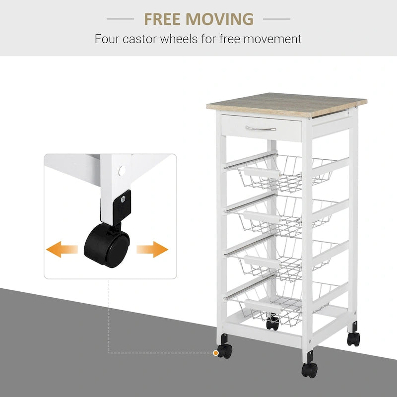 HOMCOM 32.25 Wooden Rolling Kitchen Storage Cart on 360-deg Swivel Wheels with Ample Storage Space & Solid Structure