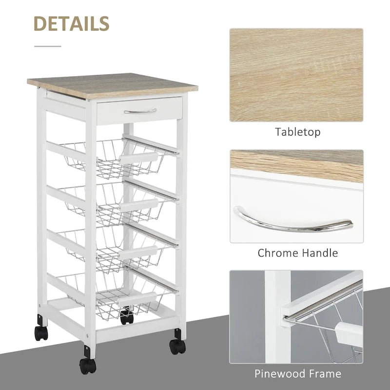 HOMCOM 32.25 Wooden Rolling Kitchen Storage Cart on 360-deg Swivel Wheels with Ample Storage Space & Solid Structure