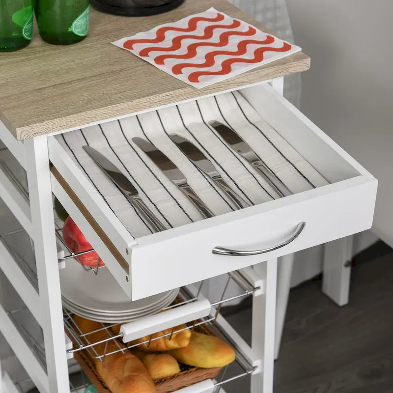 HOMCOM 32.25 Wooden Rolling Kitchen Storage Cart on 360-deg Swivel Wheels with Ample Storage Space & Solid Structure