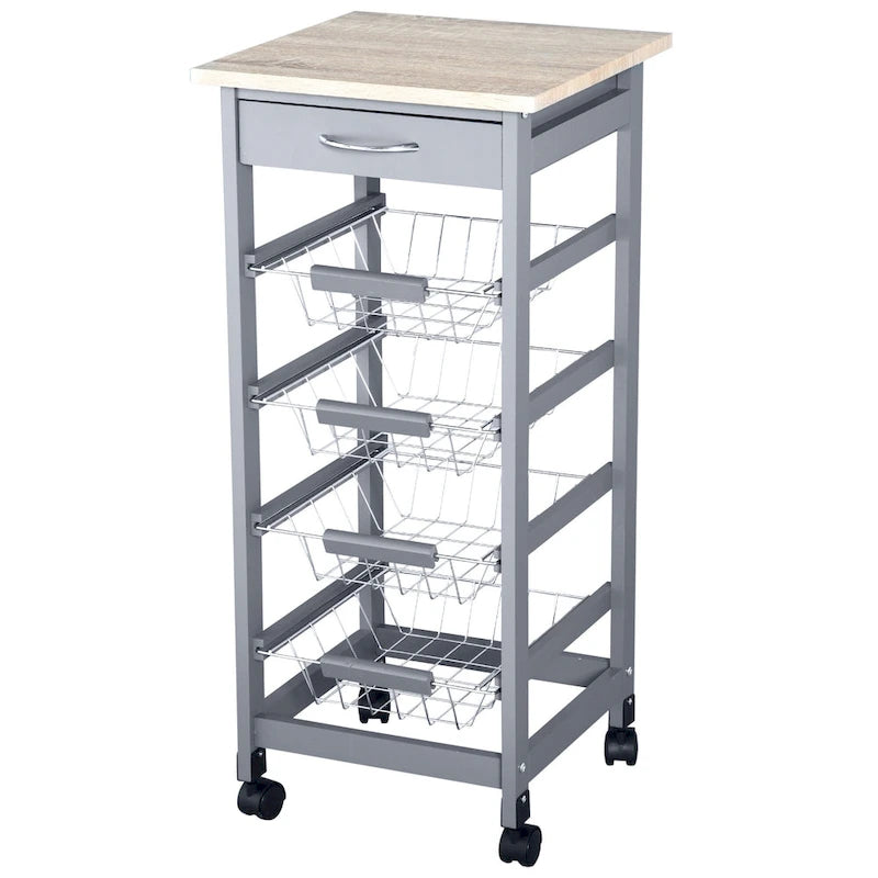 HOMCOM 32.25 Wooden Rolling Kitchen Storage Cart on 360-deg Swivel Wheels with Ample Storage Space & Solid Structure