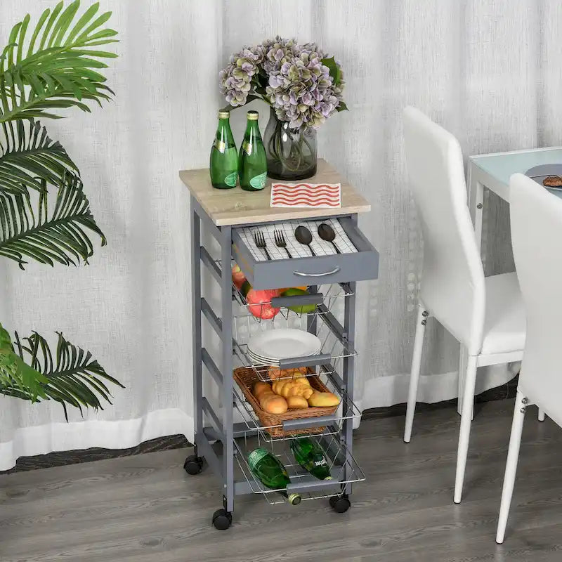 HOMCOM 32.25 Wooden Rolling Kitchen Storage Cart on 360-deg Swivel Wheels with Ample Storage Space & Solid Structure