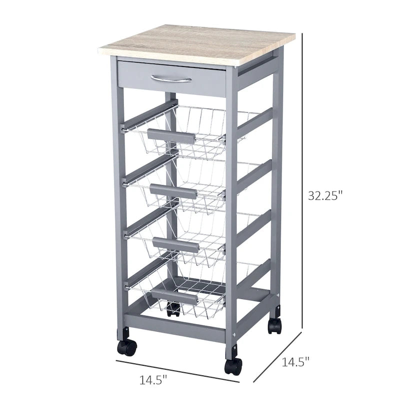 HOMCOM 32.25 Wooden Rolling Kitchen Storage Cart on 360-deg Swivel Wheels with Ample Storage Space & Solid Structure