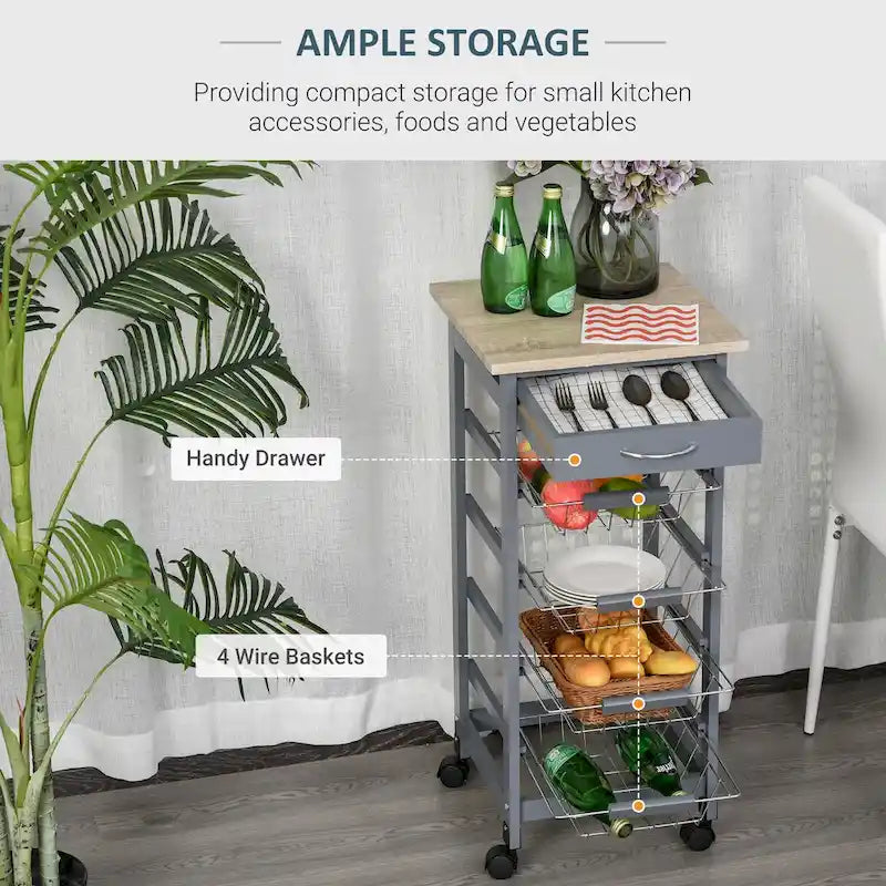 HOMCOM 32.25 Wooden Rolling Kitchen Storage Cart on 360-deg Swivel Wheels with Ample Storage Space & Solid Structure