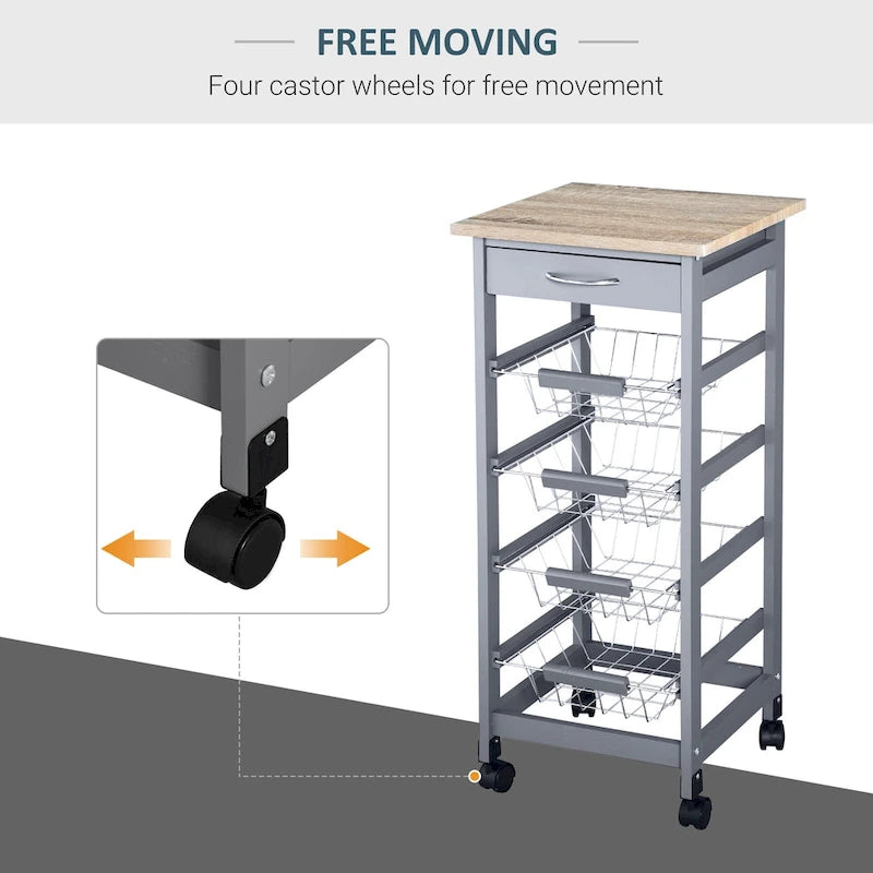 HOMCOM 32.25 Wooden Rolling Kitchen Storage Cart on 360-deg Swivel Wheels with Ample Storage Space & Solid Structure