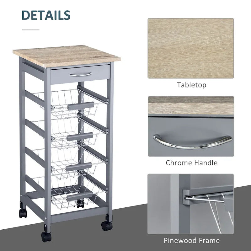 HOMCOM 32.25 Wooden Rolling Kitchen Storage Cart on 360-deg Swivel Wheels with Ample Storage Space & Solid Structure
