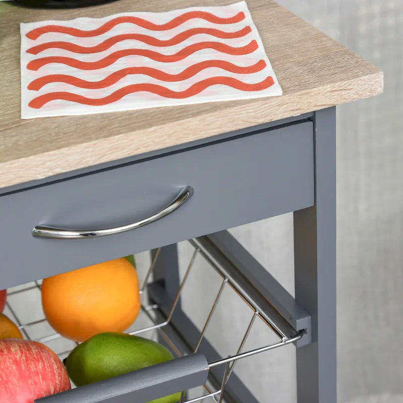 HOMCOM 32.25 Wooden Rolling Kitchen Storage Cart on 360-deg Swivel Wheels with Ample Storage Space & Solid Structure