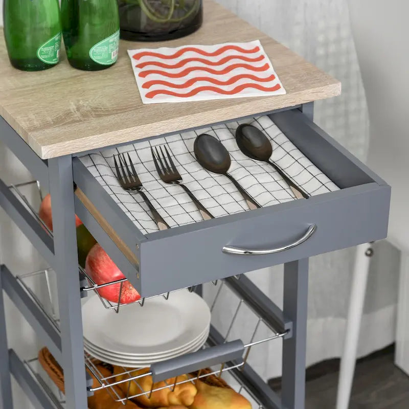 HOMCOM 32.25 Wooden Rolling Kitchen Storage Cart on 360-deg Swivel Wheels with Ample Storage Space & Solid Structure