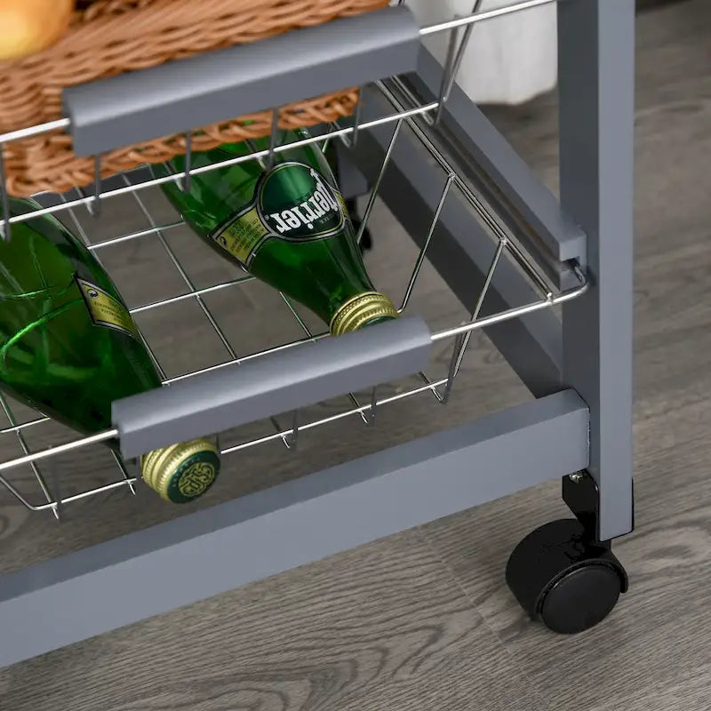 HOMCOM 32.25 Wooden Rolling Kitchen Storage Cart on 360-deg Swivel Wheels with Ample Storage Space & Solid Structure