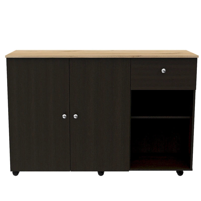 TUHOME Victoria Kitchen Island with 4 Interior Shelves, Casters, Drawer and Double Door Cabinet