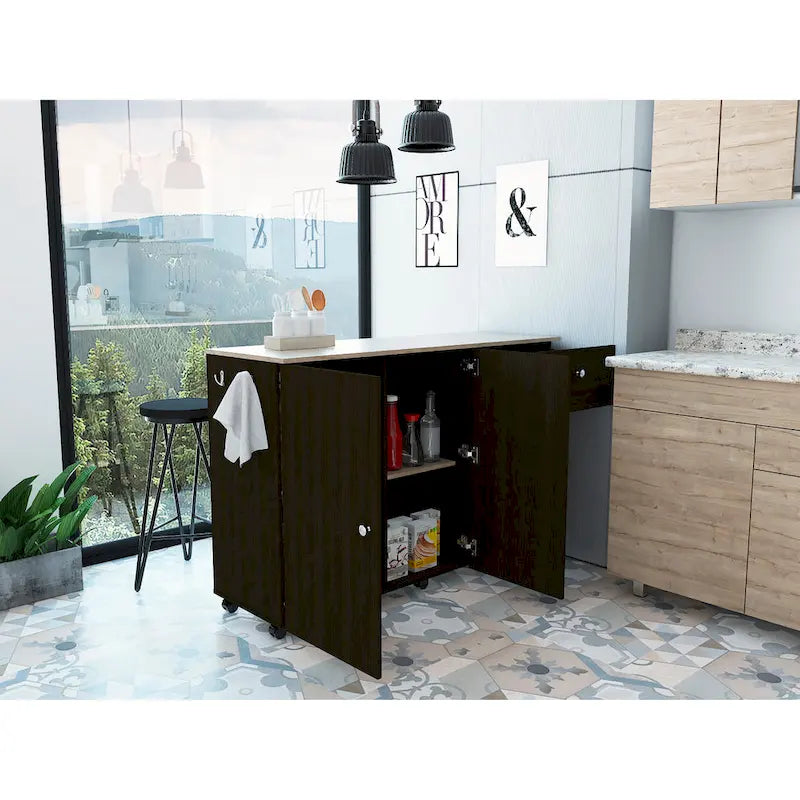 TUHOME Victoria Kitchen Island with 4 Interior Shelves, Casters, Drawer and Double Door Cabinet