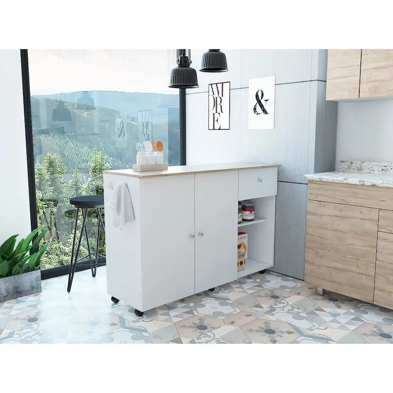 TUHOME Victoria Kitchen Island with 4 Interior Shelves, Casters, Drawer and Double Door Cabinet