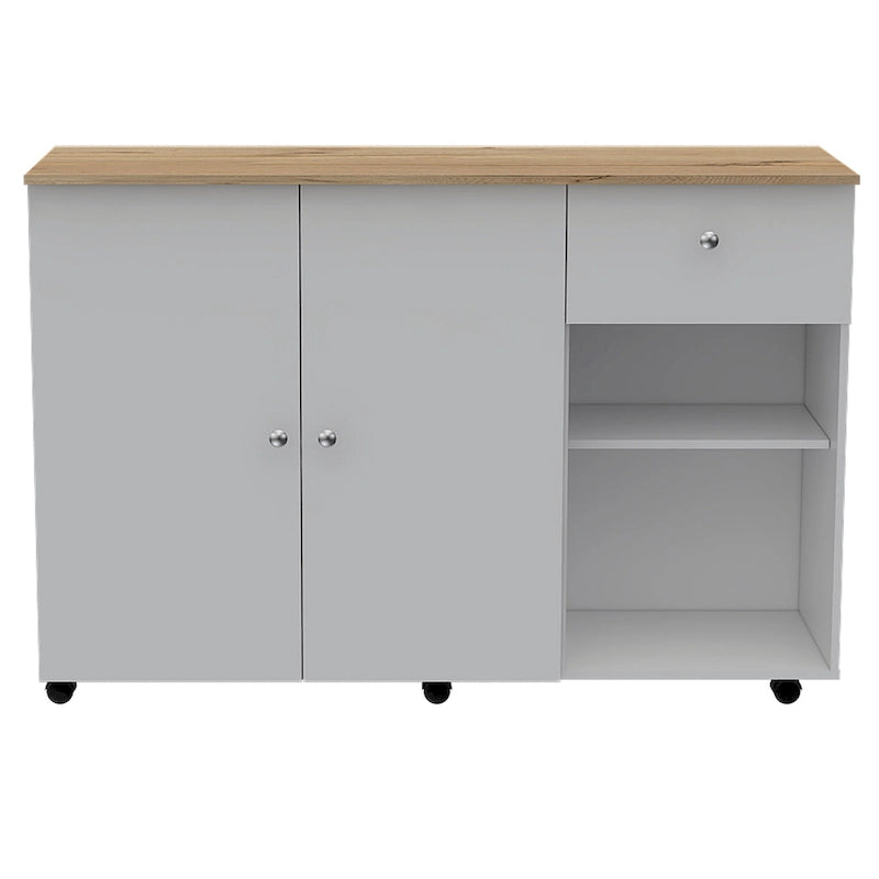 TUHOME Victoria Kitchen Island with 4 Interior Shelves, Casters, Drawer and Double Door Cabinet