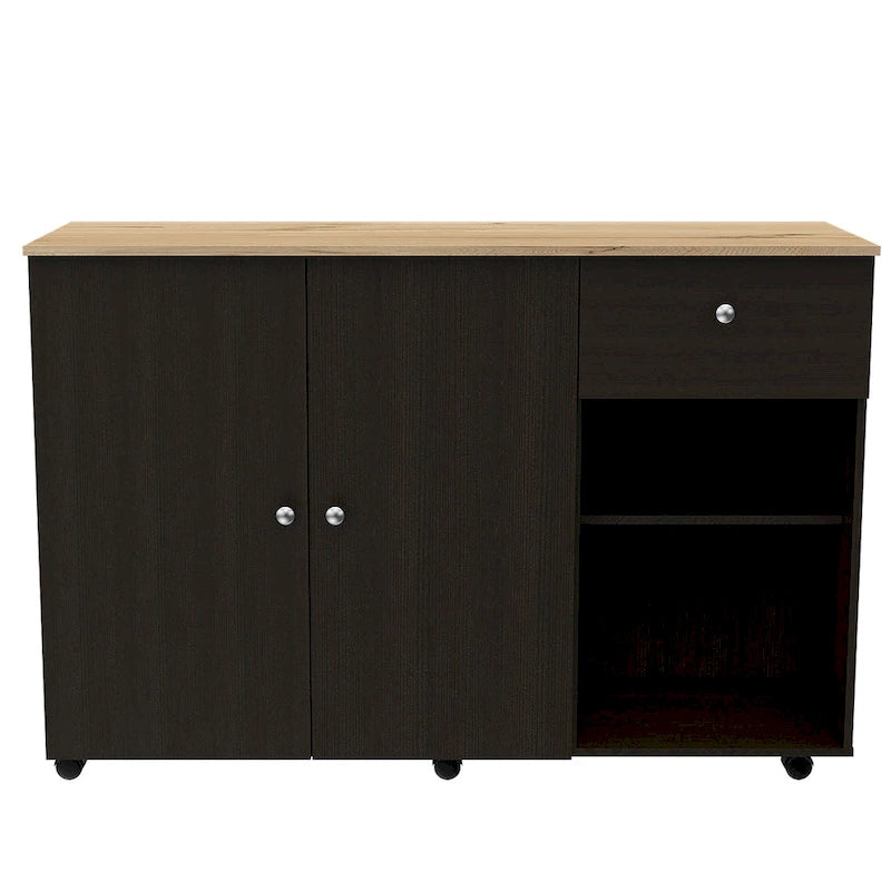 TUHOME Victoria Kitchen Island with 4 Interior Shelves, Casters, Drawer and Double Door Cabinet