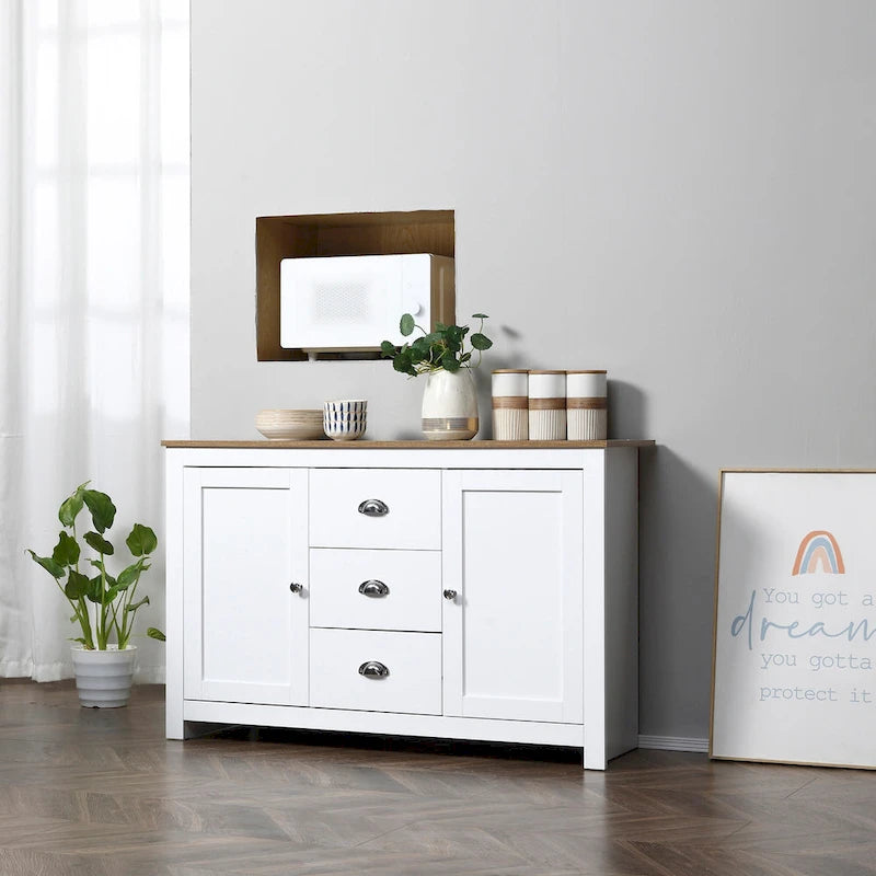 HOMCOM Kitchen Storage Sideboard with Adjustable Shelves, Dining Buffet Server Cabinet with 3 Drawers