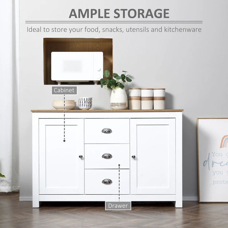 HOMCOM Kitchen Storage Sideboard with Adjustable Shelves, Dining Buffet Server Cabinet with 3 Drawers