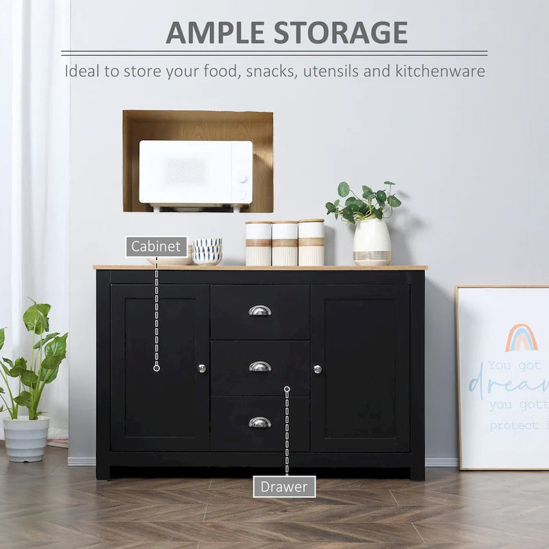 HOMCOM Kitchen Storage Sideboard with Adjustable Shelves, Dining Buffet Server Cabinet with 3 Drawers