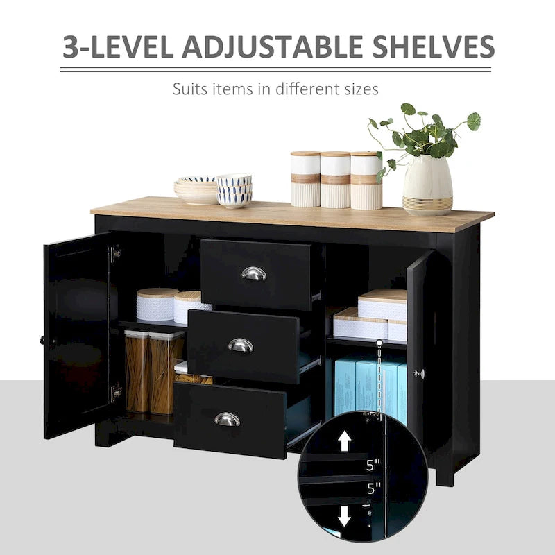 HOMCOM Kitchen Storage Sideboard with Adjustable Shelves, Dining Buffet Server Cabinet with 3 Drawers