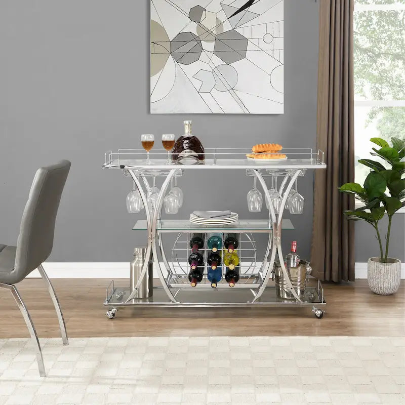 Bar Cart with Wine Rack Tempered Glass Metal Frame Wine Storage