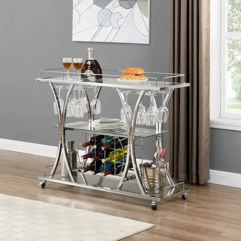 Bar Cart with Wine Rack Tempered Glass Metal Frame Wine Storage