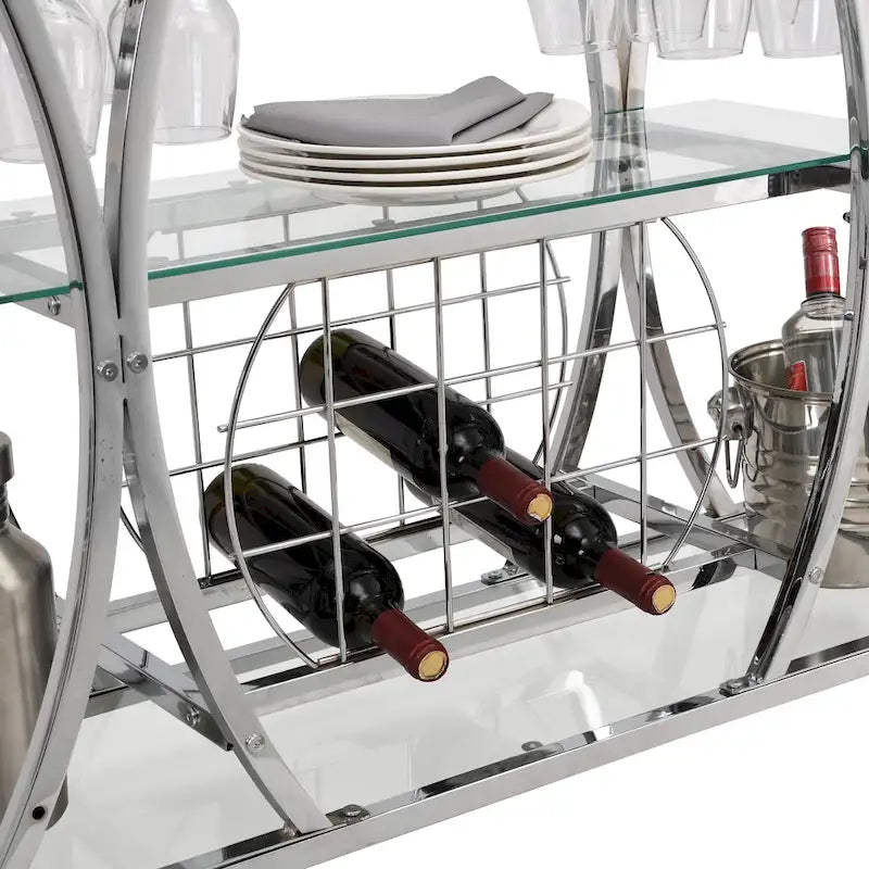 Bar Cart with Wine Rack Tempered Glass Metal Frame Wine Storage