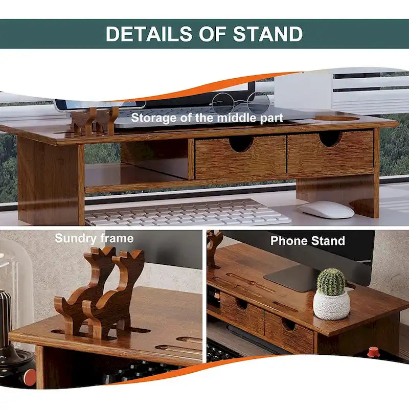 Wood Computer Monitor Stand Desktop Organizer with Drawer