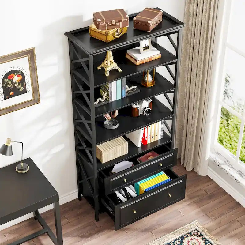 2 Drawer Black File Cabinet with Storage Shelves
