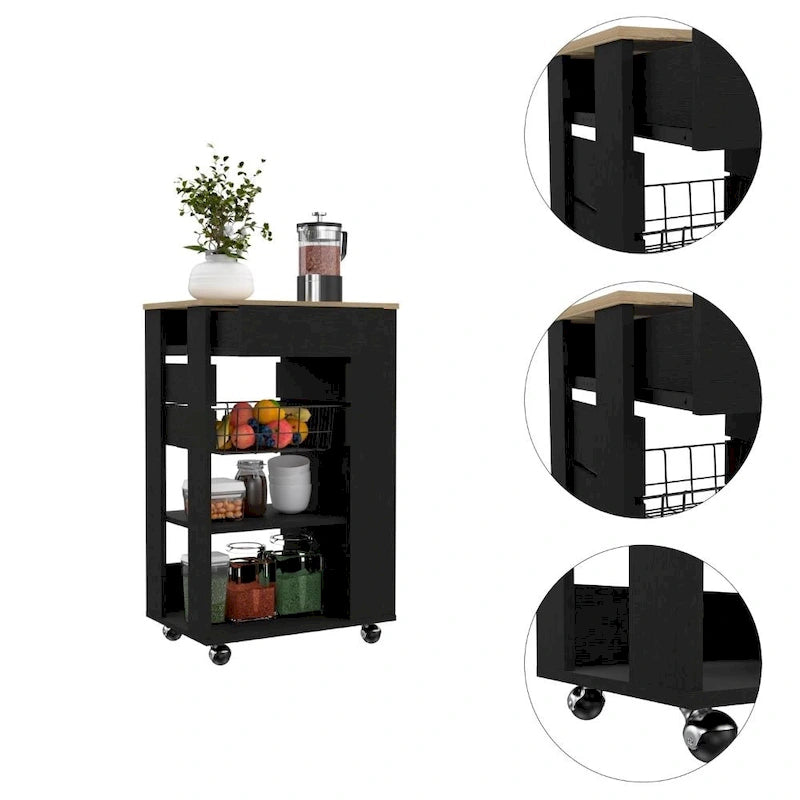 Blosson 22-inch Wide Kitchen Cart with 1 Drawer, 2 Open Shelves, and 4 Casters - N/A
