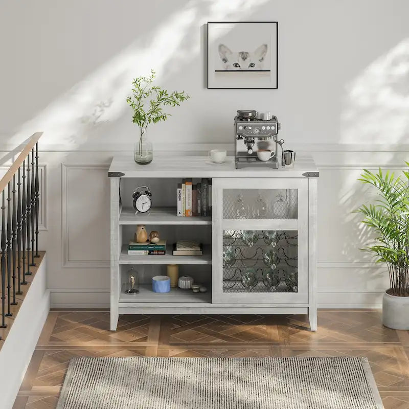 Wine Bar Cabinet with Storage Sliding Door & LED Lights - 42 inch