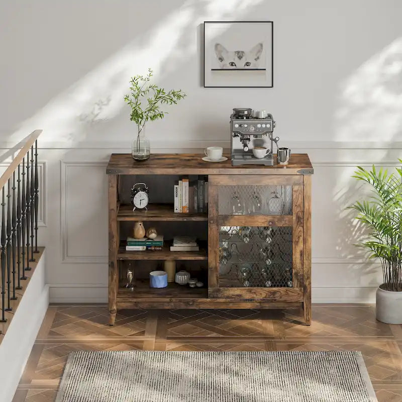 Wine Bar Cabinet with Storage Sliding Door & LED Lights - 42 inch
