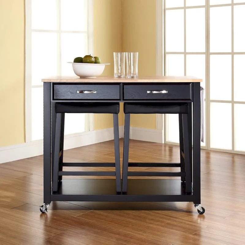 Crosley Black Natural Wood Top Kitchen Cart and Island with Black 24-inch Upholstered Saddle Stools - 17d x 43w x 35h