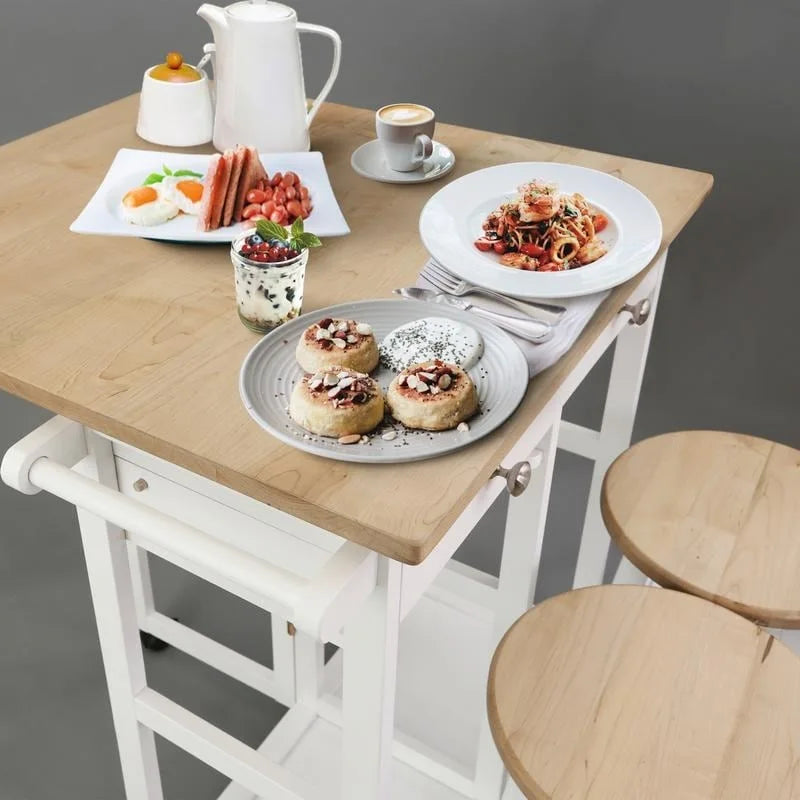Wooden Breakfast Cart with Drop-Leaf Table, American Maple Top - N/A
