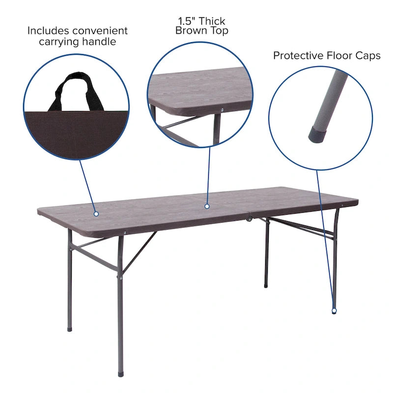 30W x 72L Bi-Fold Plastic Banquet and Event Folding Table with Carrying Handle - 72D x 30W x 29H