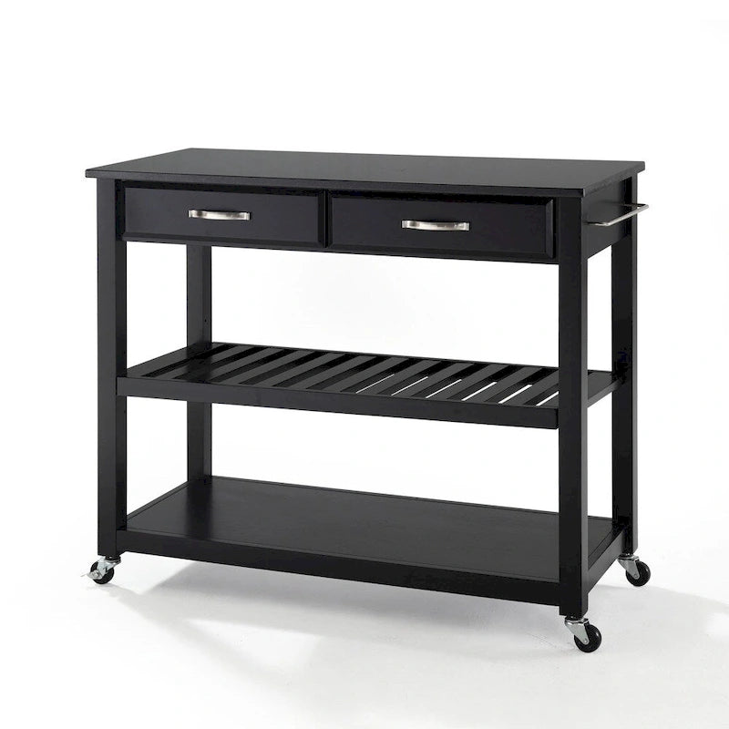 Crosley Solid Black Granite Top Kitchen Cart/Island With Optional Stool Storage in Black Finish - 17d x 43w x 35h