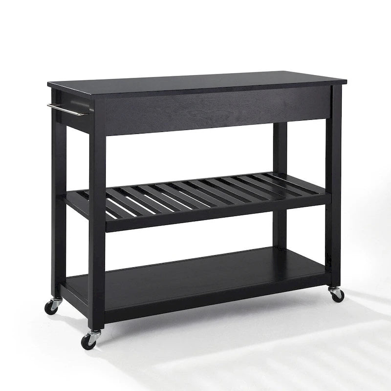 Crosley Solid Black Granite Top Kitchen Cart/Island With Optional Stool Storage in Black Finish - 17d x 43w x 35h