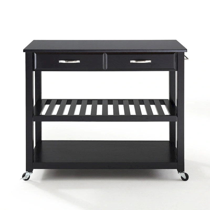 Crosley Solid Black Granite Top Kitchen Cart/Island With Optional Stool Storage in Black Finish - 17d x 43w x 35h