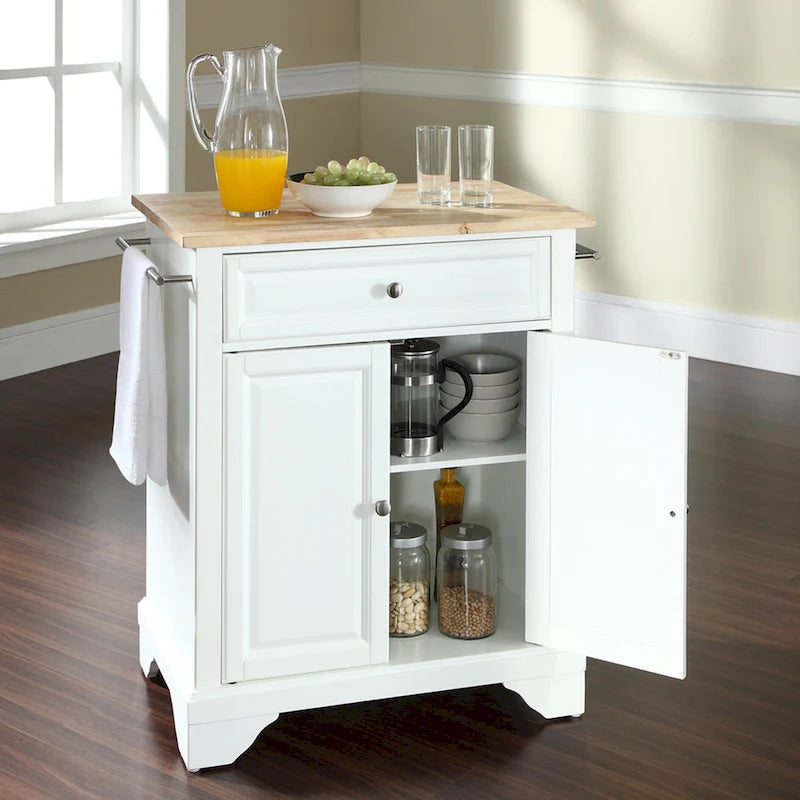 Crosley Lafayette Natural Wood Top Portable Kitchen Island in White Finish - 18d x 31w x 35h