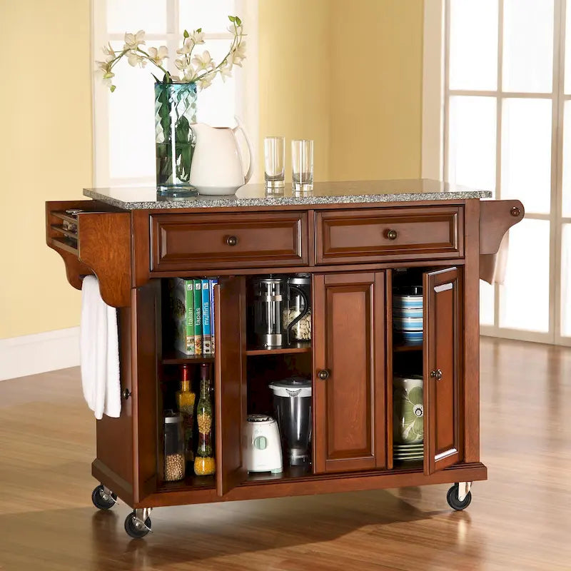 Crosley Full Size Granite Top Kitchen Cart in Cherry - 18d x 51.5w x 36h
