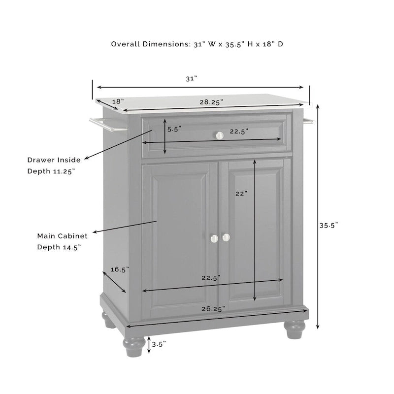 Crosley Cambridge Stainless Steel Top Portable Kitchen Island in White Finish - 18d x 31w x 35h